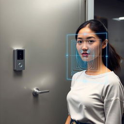 A closed office door featuring a small, buttonless intercom system that includes a sleek, integrated camera seamlessly built into its design, mounted beside the entrance