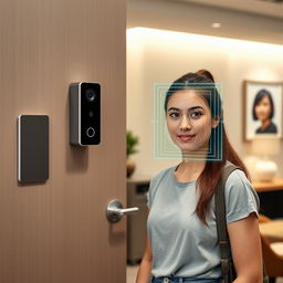 A closed office door featuring a small, buttonless intercom system that includes a sleek, integrated camera seamlessly built into its design, mounted beside the entrance