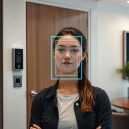 A closed office door featuring a small, buttonless intercom system that includes a sleek, integrated camera seamlessly built into its design, mounted beside the entrance