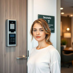 A closed office door featuring a sleek intercom system mounted on the wall beside the entrance