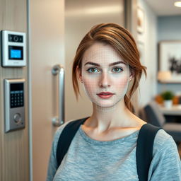 A closed office door featuring a sleek intercom system mounted on the wall beside the entrance