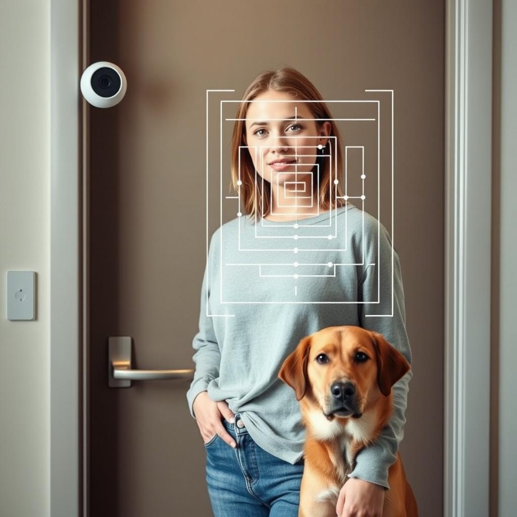 A closed office door with a small, round surveillance camera mounted beside it, capturing the scene of a young European woman standing in full height beside her dog