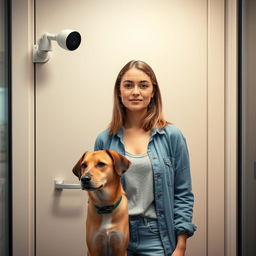 A closed office door with a small, round surveillance camera mounted beside it, capturing the scene of a young European woman standing in full height beside her dog