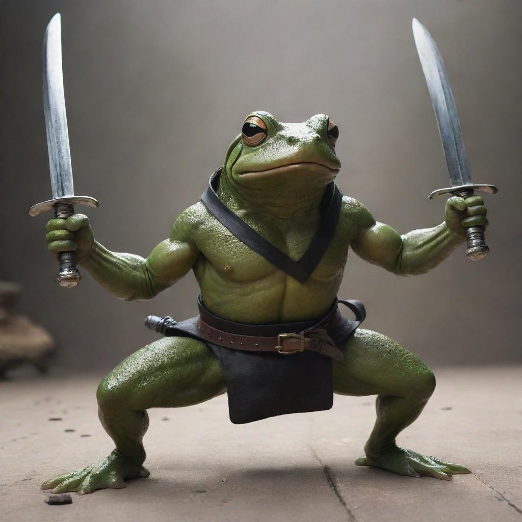 An intense action scene featuring a muscular, ninja-like frog brandishing swords and preparing for battle