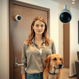 A closed office door with a small, round surveillance camera mounted beside it, capturing the scene of a young European woman standing in full height beside her dog