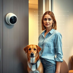 A closed office door with a small, round surveillance camera mounted beside it, capturing the scene of a young European woman standing in full height beside her dog