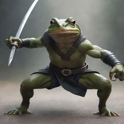 An intense action scene featuring a muscular, ninja-like frog brandishing swords and preparing for battle