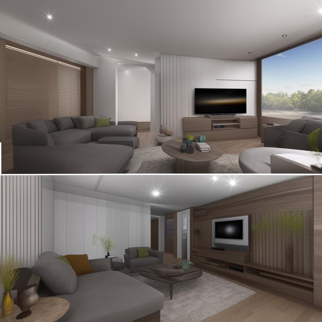 3D images showcasing a 12x20 feet living room, featuring a contemporary TV unit on the north wall, comfortable couches on the east and south walls, viewed from the west side. It masterfully presents efficient use of space and modern aesthetics.