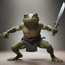 An intense action scene featuring a muscular, ninja-like frog brandishing swords and preparing for battle