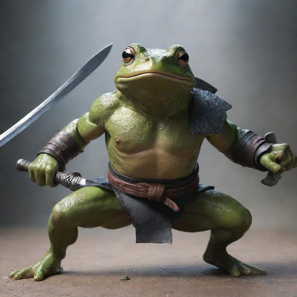 An intense action scene featuring a muscular, ninja-like frog brandishing swords and preparing for battle