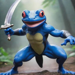 An epic scene depicting a muscular, ninja-inspired frog Pokemon like Greninja, wielding dual swords, ready to engage in a fierce battle