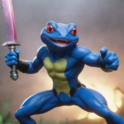 An epic scene depicting a muscular, ninja-inspired frog Pokemon like Greninja, wielding dual swords, ready to engage in a fierce battle