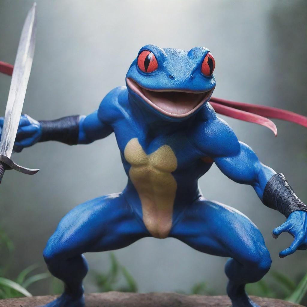 An epic scene depicting a muscular, ninja-inspired frog Pokemon like Greninja, wielding dual swords, ready to engage in a fierce battle