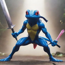 An epic scene depicting a muscular, ninja-inspired frog Pokemon like Greninja, wielding dual swords, ready to engage in a fierce battle