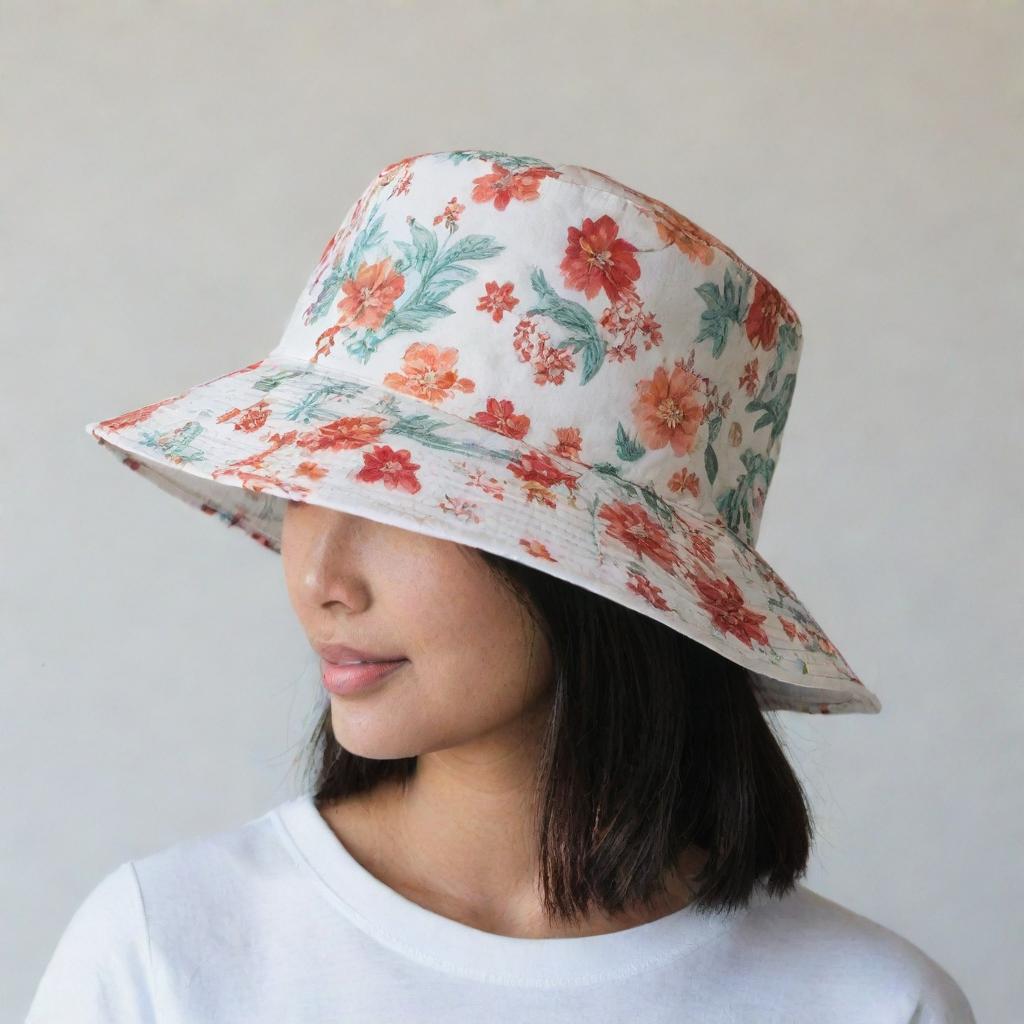 A simplistic motif featuring iconic Balinese flowers and buildings on a bucket hat