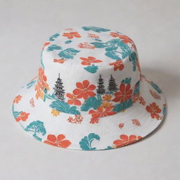 A simplistic motif featuring iconic Balinese flowers and buildings on a bucket hat