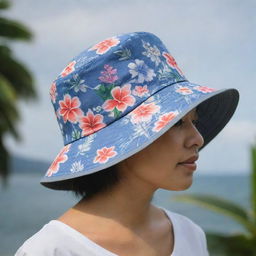 A simplistic motif featuring iconic Balinese flowers and buildings on a bucket hat