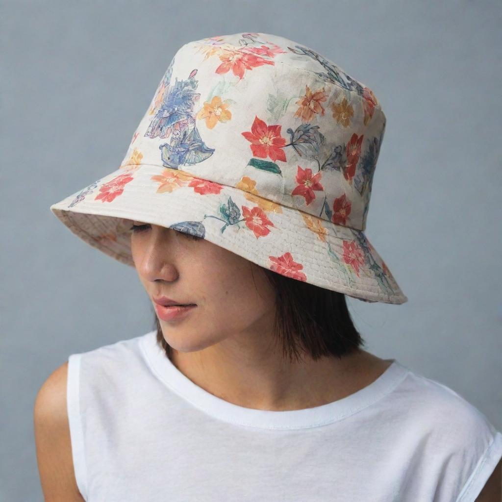 A simplistic motif featuring iconic Balinese flowers and buildings on a bucket hat