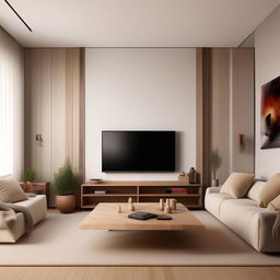 3D images showcasing a 12x20 feet living room, featuring a contemporary TV unit on the north wall, comfortable couches on the east and south walls, viewed from the west side. It masterfully presents efficient use of space and modern aesthetics.