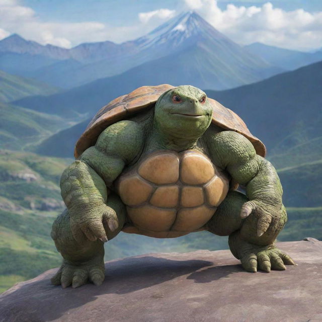 A commanding image of a muscular, ninja-themed tortoise Pokemon, displaying superior strength and agility in a rugged mountainous landscape