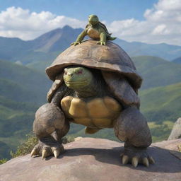 A commanding image of a muscular, ninja-themed tortoise Pokemon, displaying superior strength and agility in a rugged mountainous landscape