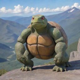 A commanding image of a muscular, ninja-themed tortoise Pokemon, displaying superior strength and agility in a rugged mountainous landscape