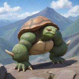 A commanding image of a muscular, ninja-themed tortoise Pokemon, displaying superior strength and agility in a rugged mountainous landscape