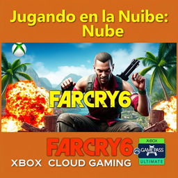 A vibrant and dynamic YouTube thumbnail for a video titled ‘Jugando en la Nube: Far Cry 6 | Gameplay | Xbox Cloud Gaming | Game Pass Ultimate’