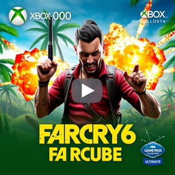 A vibrant and dynamic YouTube thumbnail for a video titled ‘Jugando en la Nube: Far Cry 6 | Gameplay | Xbox Cloud Gaming | Game Pass Ultimate’