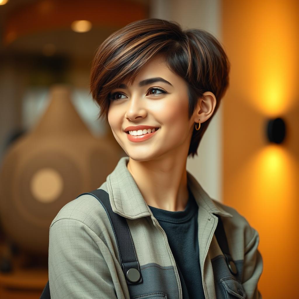 A stylish and modern profile picture featuring an individual with short brown hair, a confident smile, and a casual outfit