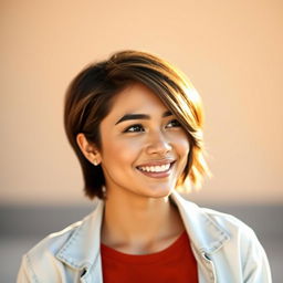 A stylish and modern profile picture featuring an individual with short brown hair, a confident smile, and a casual outfit