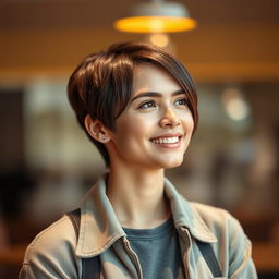 A stylish and modern profile picture featuring an individual with short brown hair, a confident smile, and a casual outfit