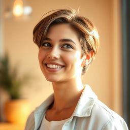 A stylish and modern profile picture featuring an individual with short brown hair, a confident smile, and a casual outfit