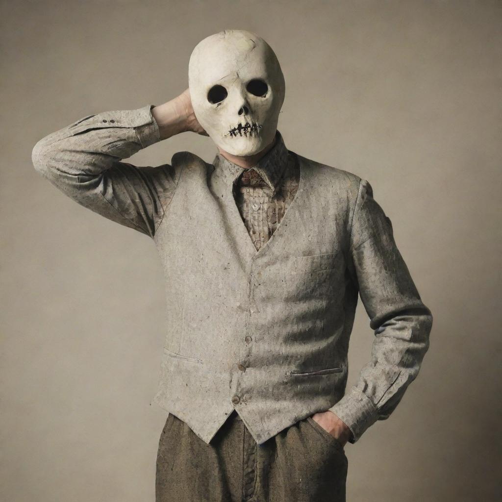 A spooky headless man dressed in vintage clothes, holding his head under his arm.