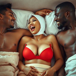 A playful and intimate scene showcasing an Indonesian woman wearing a white hijab and a striking red bra, opening her mouth in a playful expression while lying comfortably on a plush bed