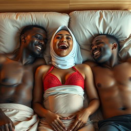 A playful and intimate scene showcasing an Indonesian woman wearing a white hijab and a striking red bra, opening her mouth in a playful expression while lying comfortably on a plush bed