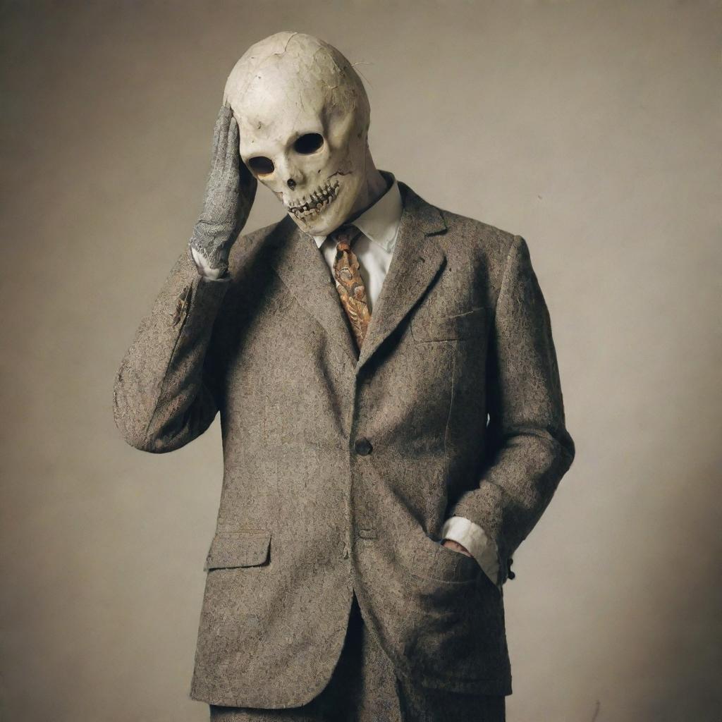 A spooky headless man dressed in vintage clothes, holding his head under his arm.