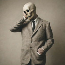 A spooky headless man dressed in vintage clothes, holding his head under his arm.