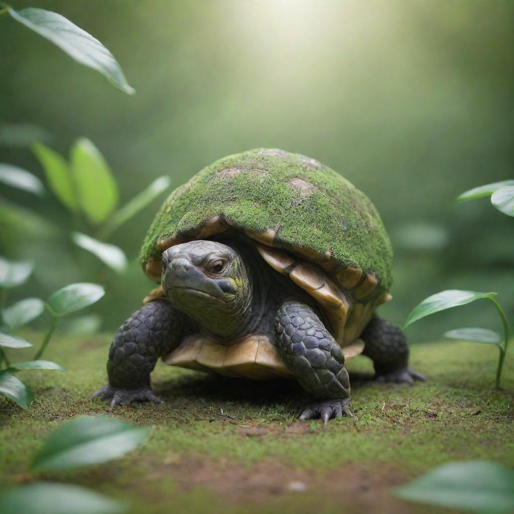 A captivating image of a ninja-themed tortoise Pokemon, displaying agility and stealth amidst a lush green backdrop