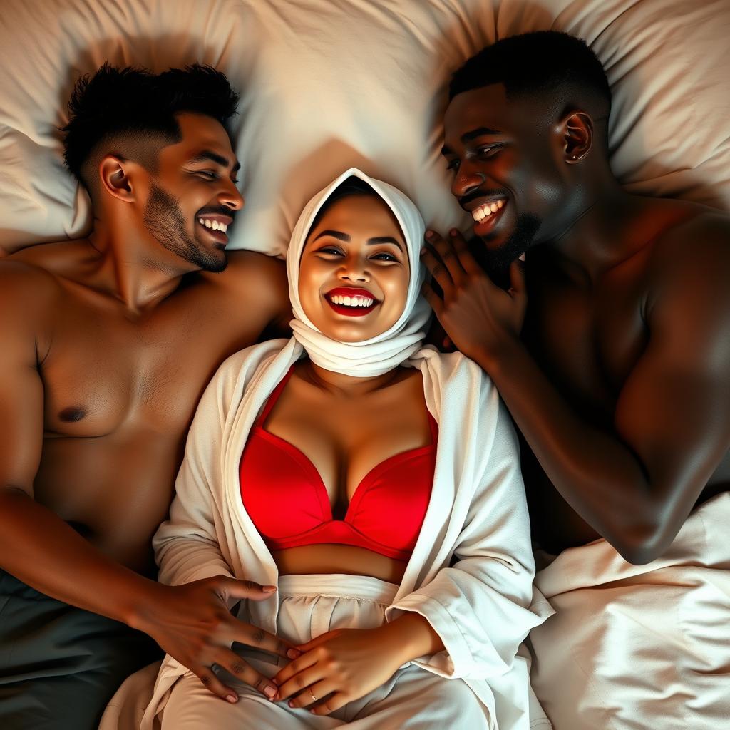 A playful and intimate scene featuring an Asian woman wearing a white hijab and a bold red bra, appearing carefree and relaxed while lying on a plush bed