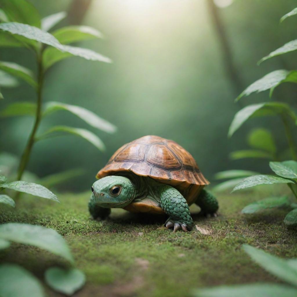 A captivating image of a ninja-themed tortoise Pokemon, displaying agility and stealth amidst a lush green backdrop