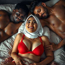 An intimate and playful scene featuring an Asian woman with a white hijab and a vibrant red bra, displaying a tipsy yet joyful expression while lying on a plush bed