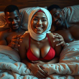 An intimate and playful scene featuring an Asian woman with a white hijab and a vibrant red bra, displaying a tipsy yet joyful expression while lying on a plush bed