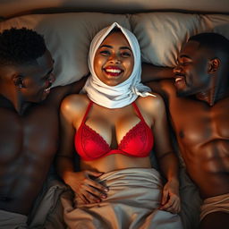 An intimate and playful scene featuring an Asian woman with a white hijab and a vibrant red bra, displaying a tipsy yet joyful expression while lying on a plush bed