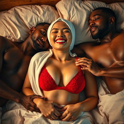 An intimate and playful scene featuring an Asian woman with a white hijab and a vibrant red bra, displaying a tipsy yet joyful expression while lying on a plush bed