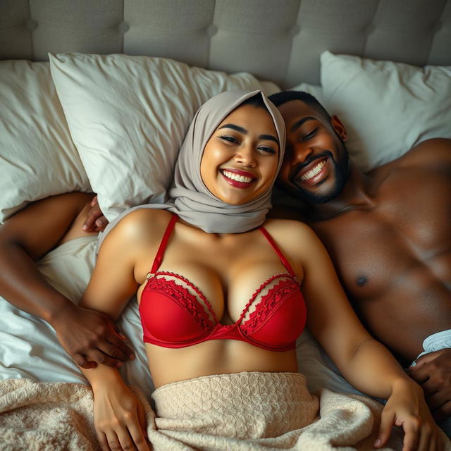 A playful and intimate scene featuring an Asian woman with an elegant hijab and a vibrant red bra, exhibiting a tipsy and cheerful expression while lying on a plush bed