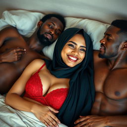 A playful and intimate scene featuring an Asian woman with an elegant hijab and a vibrant red bra, exhibiting a tipsy and cheerful expression while lying on a plush bed