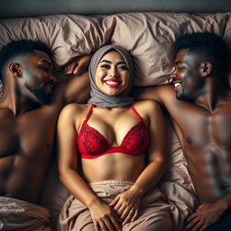 A playful and intimate scene featuring an Asian woman with an elegant hijab and a vibrant red bra, exhibiting a tipsy and cheerful expression while lying on a plush bed