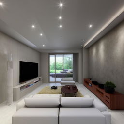 3D images showcasing a 12x20 feet living room, featuring a contemporary TV unit on the north wall, comfortable couches on the east and south walls, viewed from the west side. It masterfully presents efficient use of space and modern aesthetics.