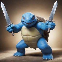 A powerful image of a turtle Pokemon, like a Blastoise, wielding twin swords, ready for a fierce tanglement